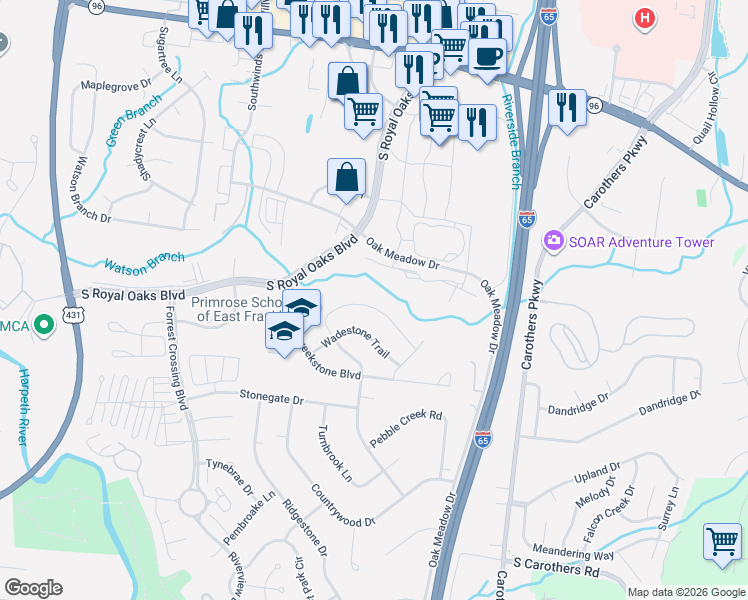 map of restaurants, bars, coffee shops, grocery stores, and more near 419 Valleyview Drive in Franklin