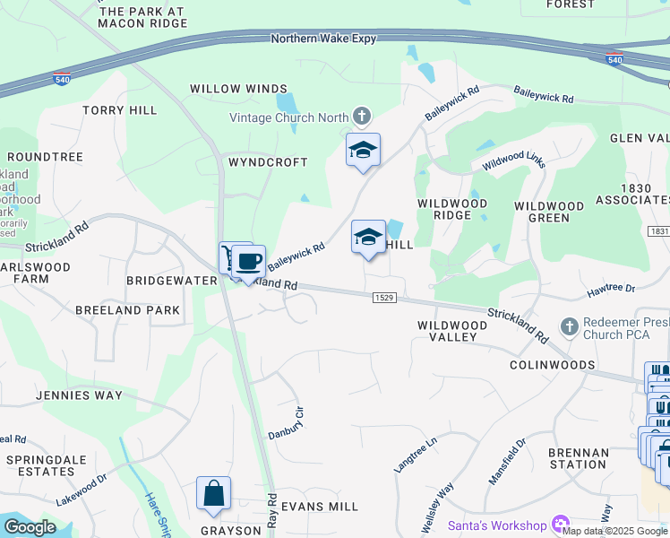 map of restaurants, bars, coffee shops, grocery stores, and more near 12012 Strickland Road in Raleigh