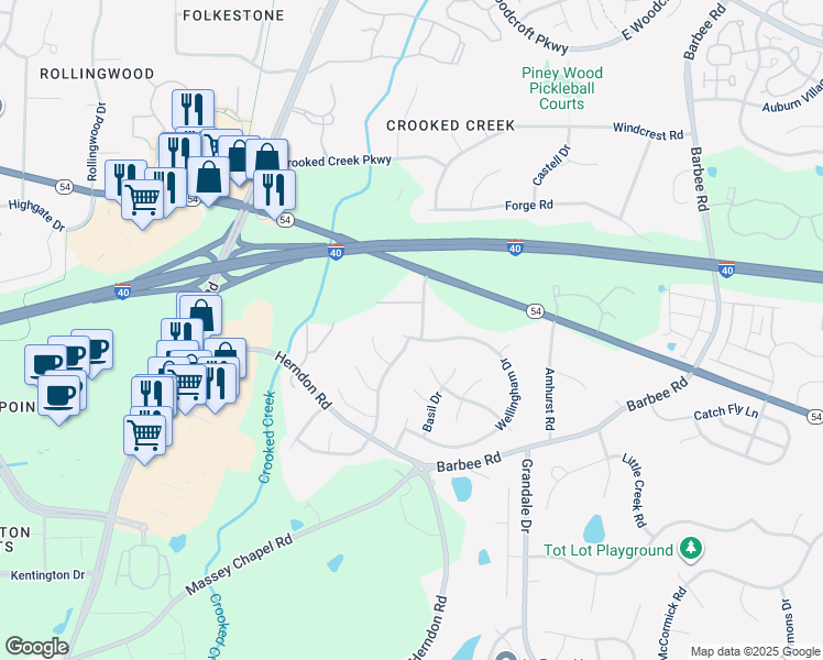 map of restaurants, bars, coffee shops, grocery stores, and more near 407 Wellingham Drive in Durham