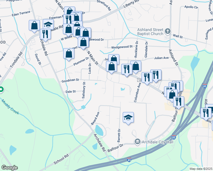 map of restaurants, bars, coffee shops, grocery stores, and more near 204 Brittany Way in Archdale