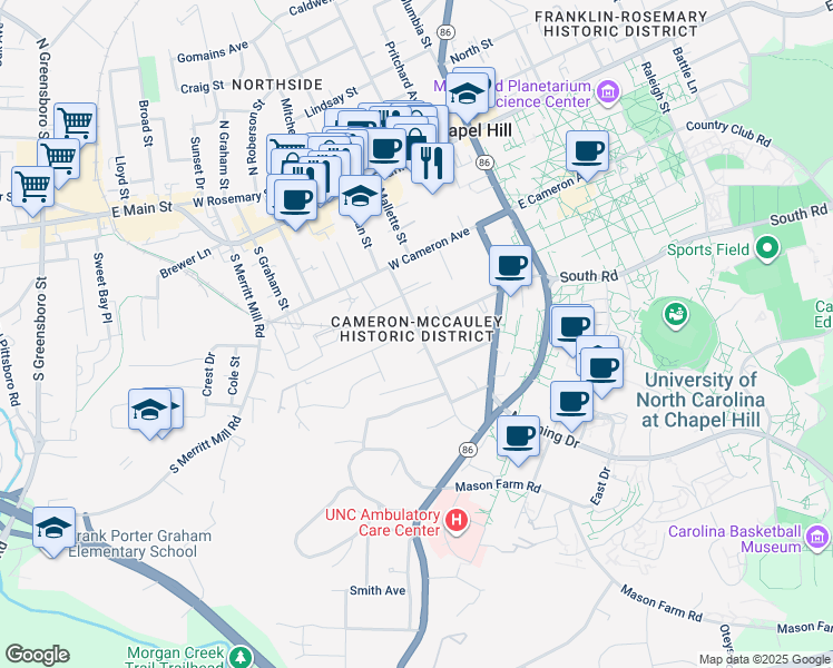 map of restaurants, bars, coffee shops, grocery stores, and more near 302 Ransom Street in Chapel Hill