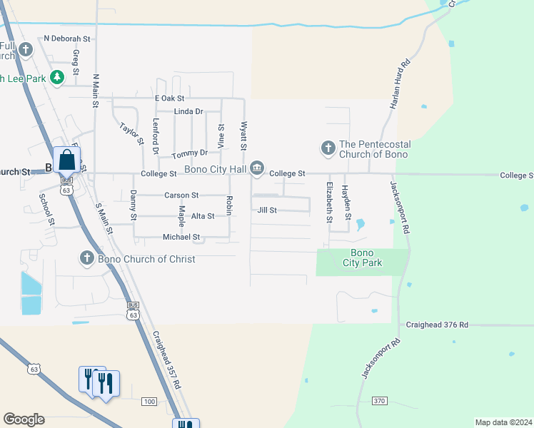 map of restaurants, bars, coffee shops, grocery stores, and more near 689 Jill Lane in Bono