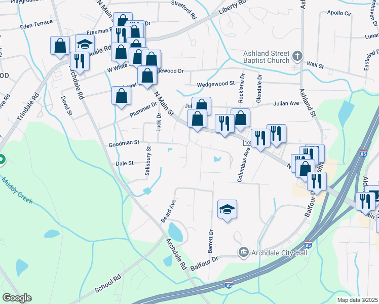 map of restaurants, bars, coffee shops, grocery stores, and more near 204 Brittany Way in Archdale