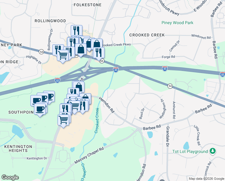 map of restaurants, bars, coffee shops, grocery stores, and more near 6512 Clarksdale Lane in Durham