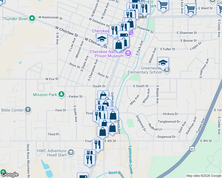 map of restaurants, bars, coffee shops, grocery stores, and more near 608 South Water Avenue in Tahlequah