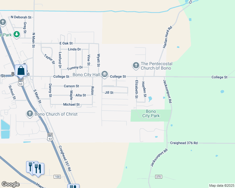 map of restaurants, bars, coffee shops, grocery stores, and more near 687 Jill Lane in Bono