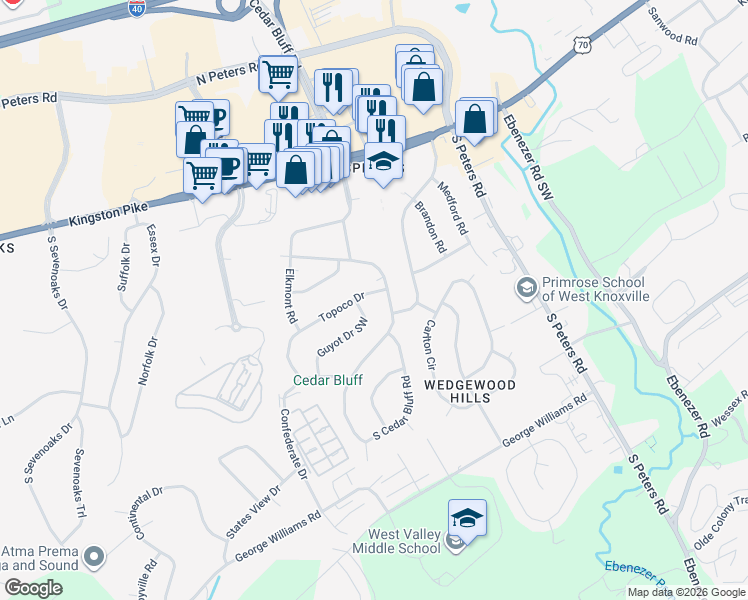 map of restaurants, bars, coffee shops, grocery stores, and more near 9208 Topoco Drive in Knoxville