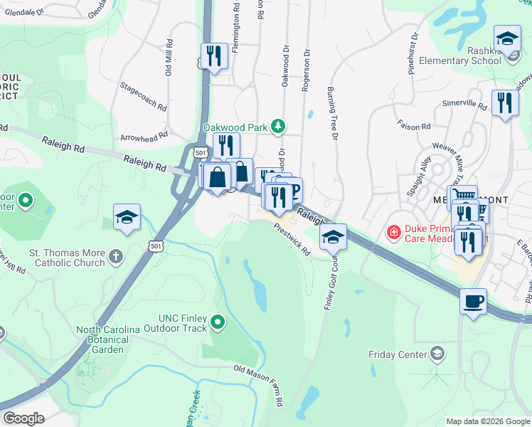 map of restaurants, bars, coffee shops, grocery stores, and more near 2210 Environ Way in Chapel Hill