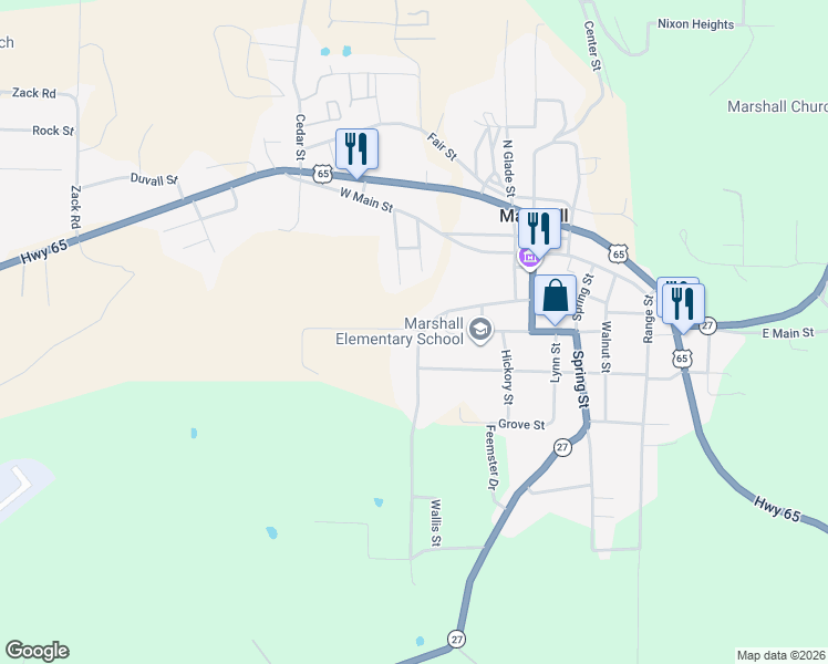 map of restaurants, bars, coffee shops, grocery stores, and more near 322 Canaan Road in Marshall