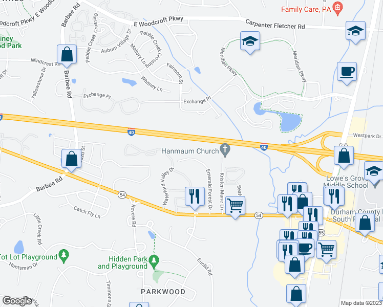 map of restaurants, bars, coffee shops, grocery stores, and more near 4546 Emerald Forest Drive in Durham