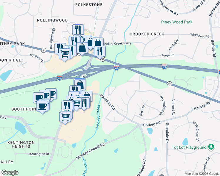 map of restaurants, bars, coffee shops, grocery stores, and more near 6512 Clarksdale Lane in Durham