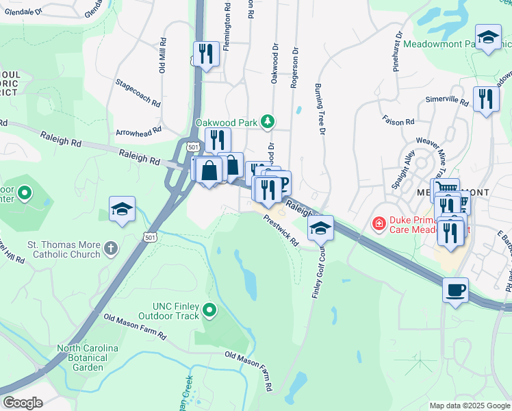 map of restaurants, bars, coffee shops, grocery stores, and more near 2210 Environ Way in Chapel Hill