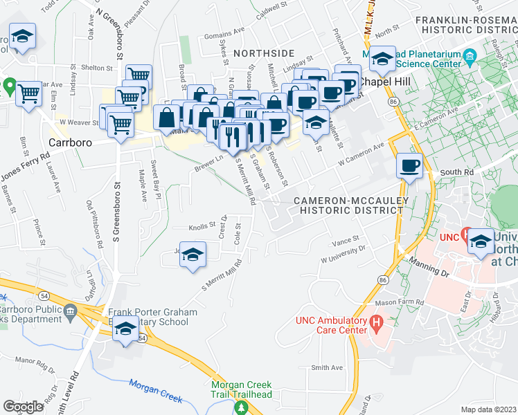 map of restaurants, bars, coffee shops, grocery stores, and more near 607 West Cameron Avenue in Chapel Hill