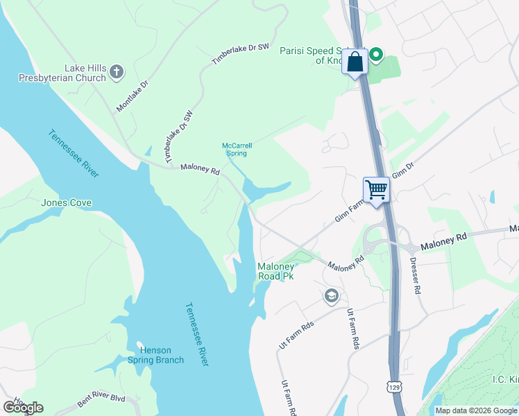 map of restaurants, bars, coffee shops, grocery stores, and more near 3513 Maloney Road in Knoxville