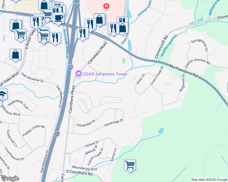 map of restaurants, bars, coffee shops, grocery stores, and more near 2050 Wood Duck Court in Franklin