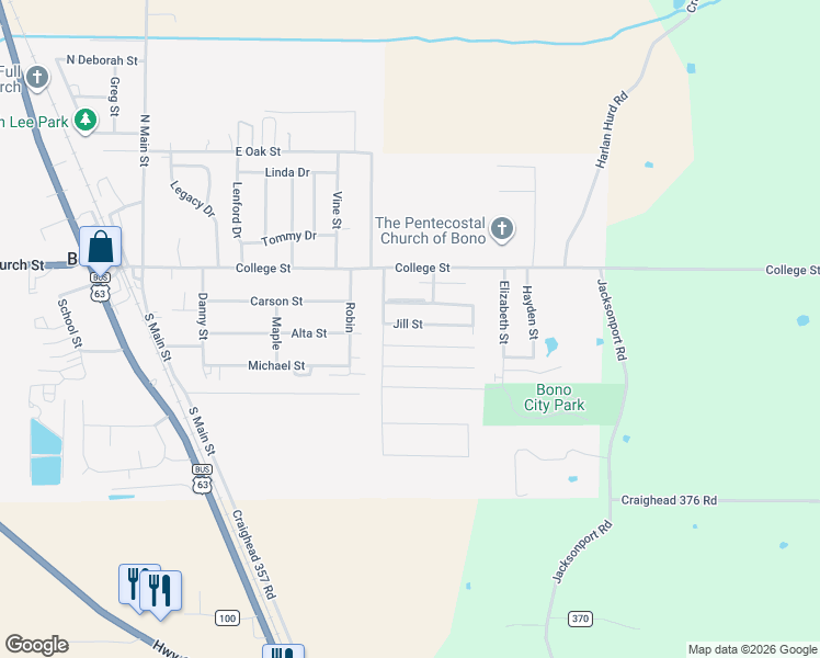 map of restaurants, bars, coffee shops, grocery stores, and more near 689 Jill Street in Bono