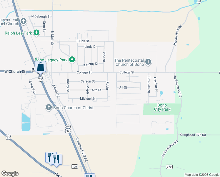 map of restaurants, bars, coffee shops, grocery stores, and more near 324 Robin in Bono