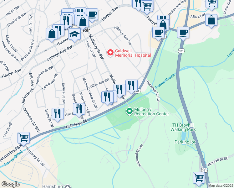 map of restaurants, bars, coffee shops, grocery stores, and more near 706 Pennton Avenue Southwest in Lenoir