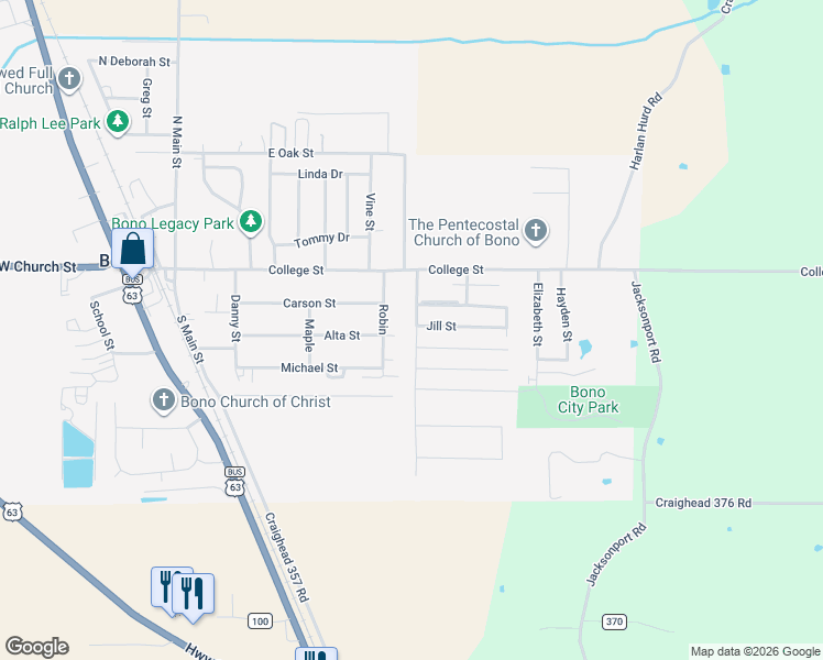 map of restaurants, bars, coffee shops, grocery stores, and more near 324 Robin in Bono