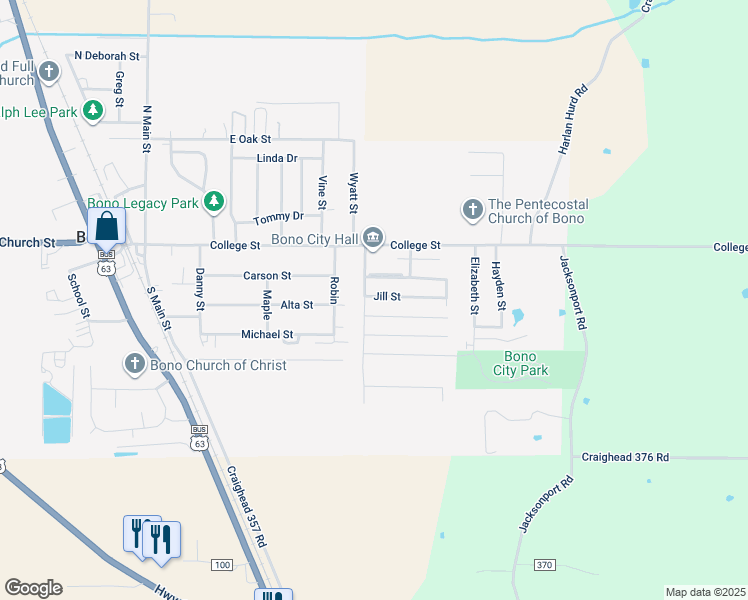 map of restaurants, bars, coffee shops, grocery stores, and more near 687 Jill Street in Bono