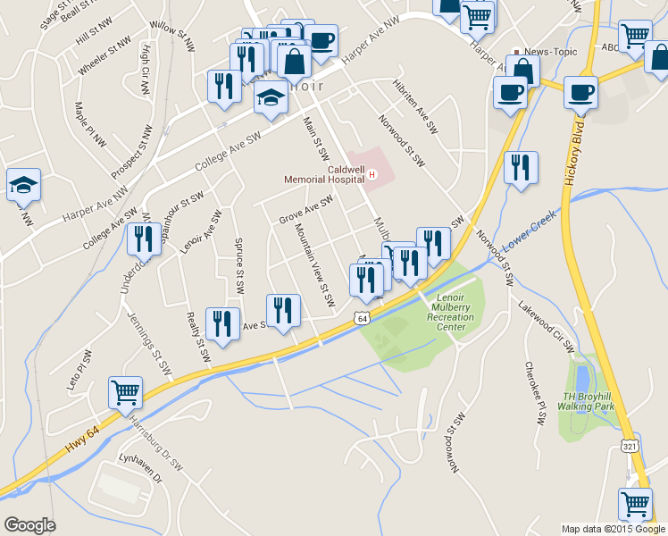 map of restaurants, bars, coffee shops, grocery stores, and more near 514 Kentwood Street Southwest in Lenoir