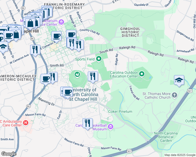 map of restaurants, bars, coffee shops, grocery stores, and more near 109 Stadium Drive in Chapel Hill