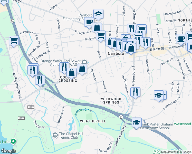 map of restaurants, bars, coffee shops, grocery stores, and more near 111 Barnes Street in Carrboro