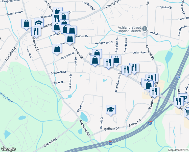 map of restaurants, bars, coffee shops, grocery stores, and more near 122 Frazier St in Archdale