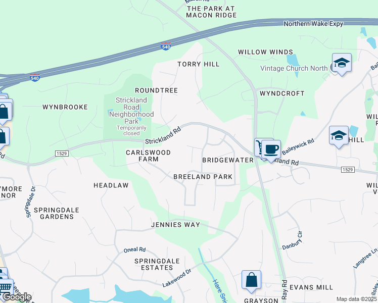 map of restaurants, bars, coffee shops, grocery stores, and more near 9021 Admaston Drive in Raleigh