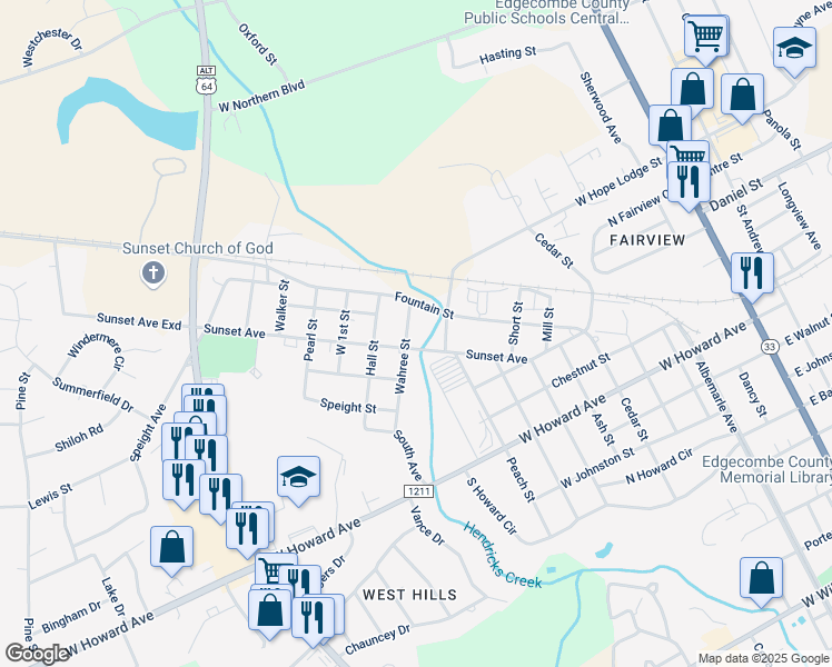 map of restaurants, bars, coffee shops, grocery stores, and more near 305 Wahree Street in Tarboro