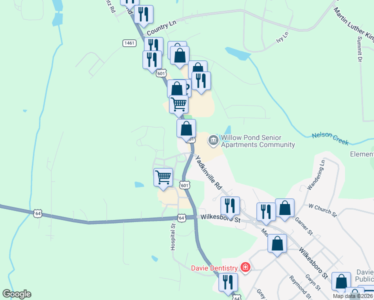 map of restaurants, bars, coffee shops, grocery stores, and more near 120 Boxwood Village Drive in Mocksville