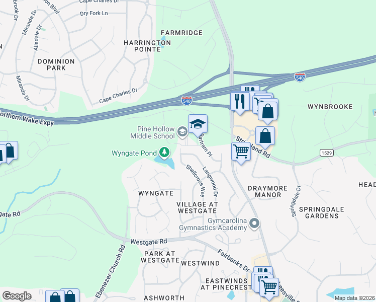 map of restaurants, bars, coffee shops, grocery stores, and more near 9344 Langwood Drive in Raleigh