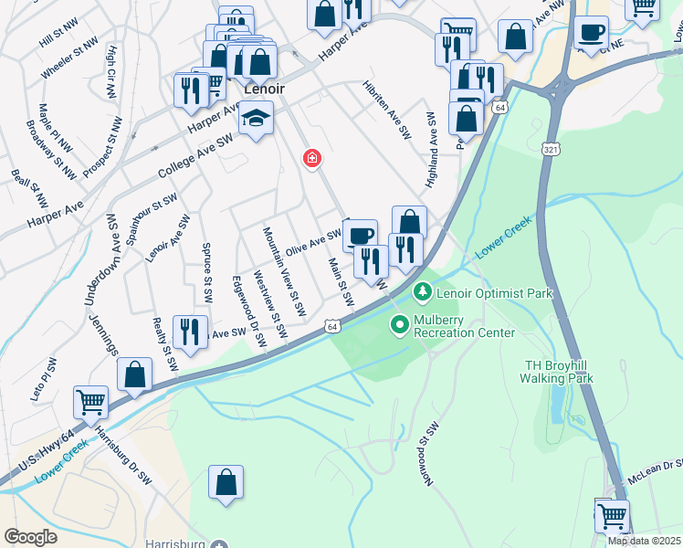 map of restaurants, bars, coffee shops, grocery stores, and more near 521 Main Street Southwest in Lenoir