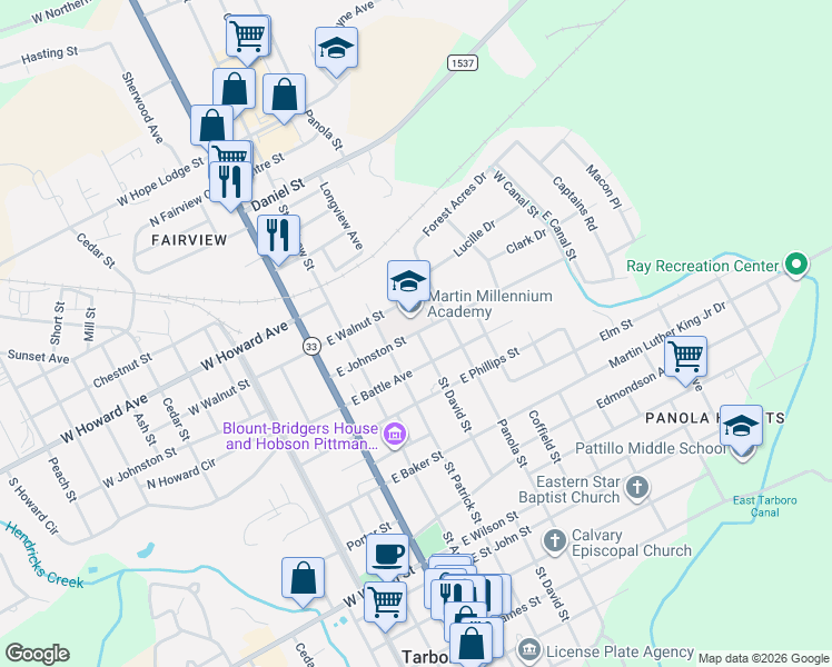 map of restaurants, bars, coffee shops, grocery stores, and more near 398 East Johnston Street in Tarboro