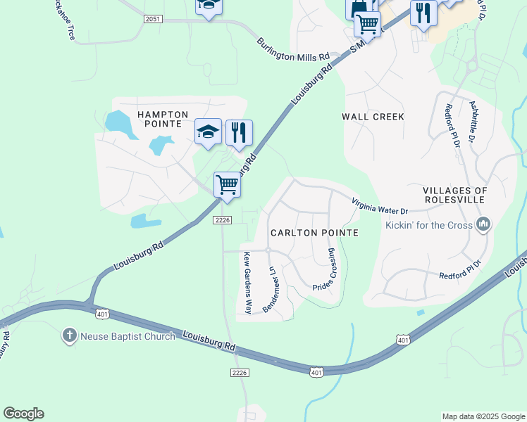 map of restaurants, bars, coffee shops, grocery stores, and more near Short Hills Lane in Rolesville