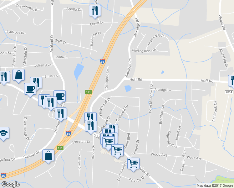 map of restaurants, bars, coffee shops, grocery stores, and more near 4028 Knollwood Drive in Archdale