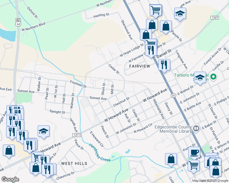 map of restaurants, bars, coffee shops, grocery stores, and more near 605 Fountain Street in Tarboro