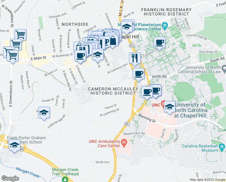 map of restaurants, bars, coffee shops, grocery stores, and more near 301 McCauley Street in Chapel Hill