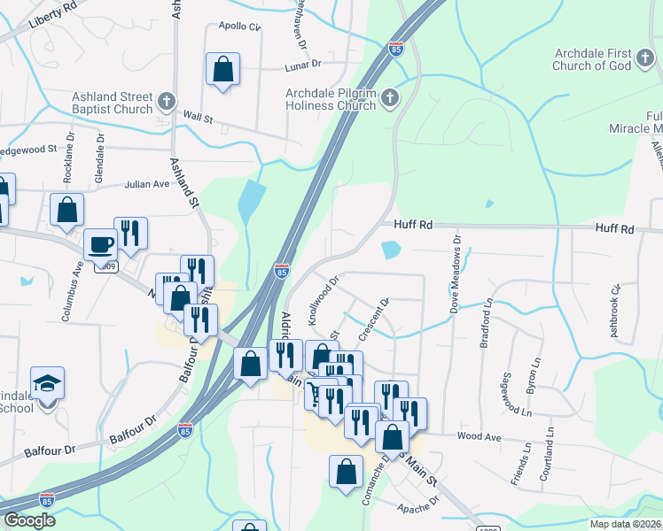 map of restaurants, bars, coffee shops, grocery stores, and more near 302 Aldridge Rd in Archdale