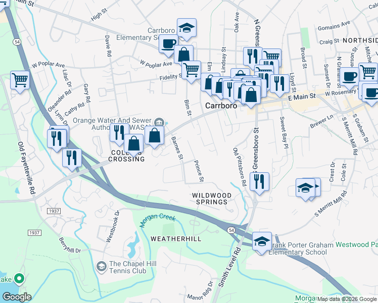 map of restaurants, bars, coffee shops, grocery stores, and more near 111 Barnes Street in Carrboro