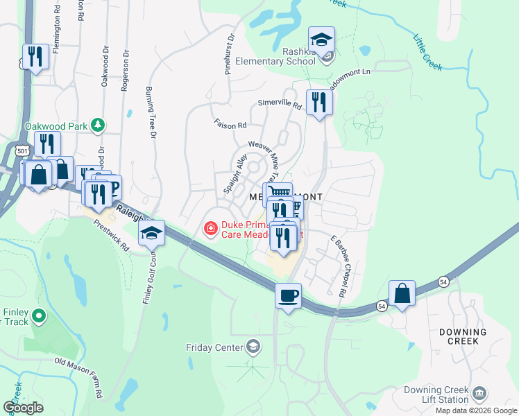 map of restaurants, bars, coffee shops, grocery stores, and more near 109 Weaver Mine Trail in Chapel Hill