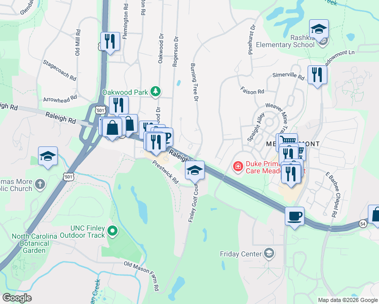 map of restaurants, bars, coffee shops, grocery stores, and more near 107 Oak Tree Drive in Chapel Hill