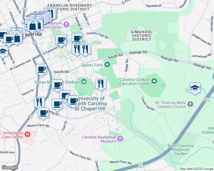 map of restaurants, bars, coffee shops, grocery stores, and more near 109 Stadium Dr in Chapel Hill