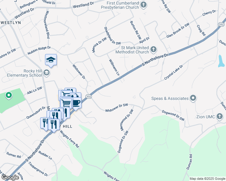 map of restaurants, bars, coffee shops, grocery stores, and more near 7208 South Northshore Drive in Knoxville