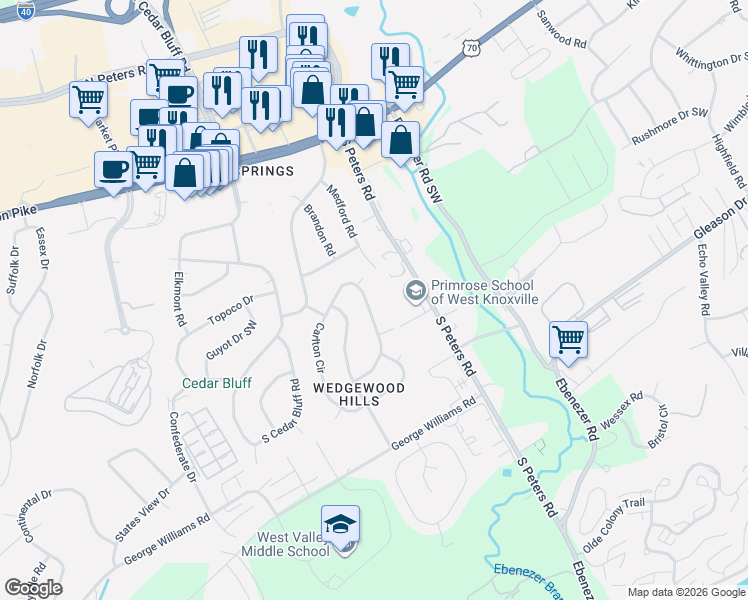 map of restaurants, bars, coffee shops, grocery stores, and more near 9004 Carlton Circle in Knoxville