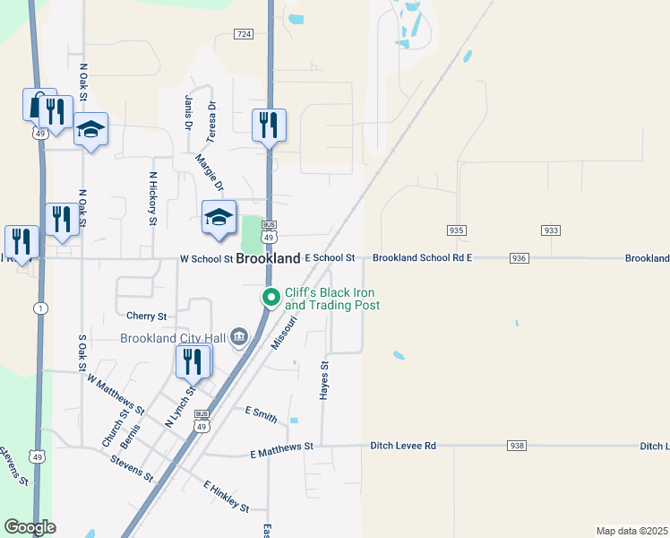 map of restaurants, bars, coffee shops, grocery stores, and more near 104 East School Street in Brookland