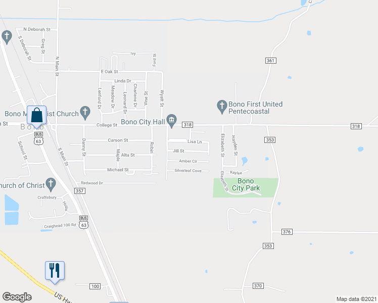 map of restaurants, bars, coffee shops, grocery stores, and more near 701 Jill Street in Bono