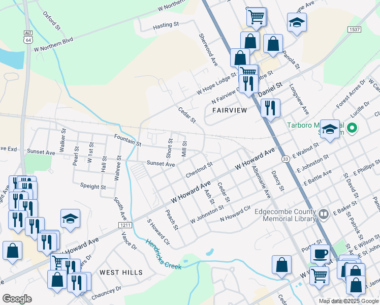 map of restaurants, bars, coffee shops, grocery stores, and more near 605 Fountain Street in Tarboro