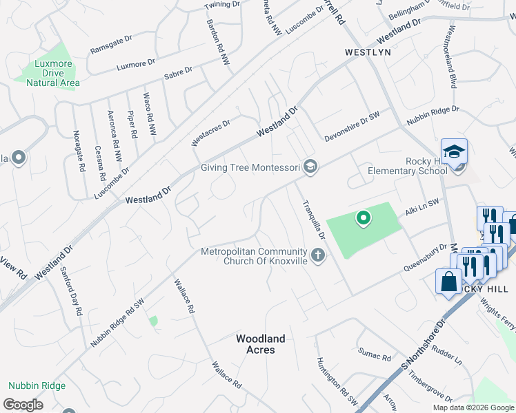 map of restaurants, bars, coffee shops, grocery stores, and more near 1109 Whisper Trace Lane in Knoxville