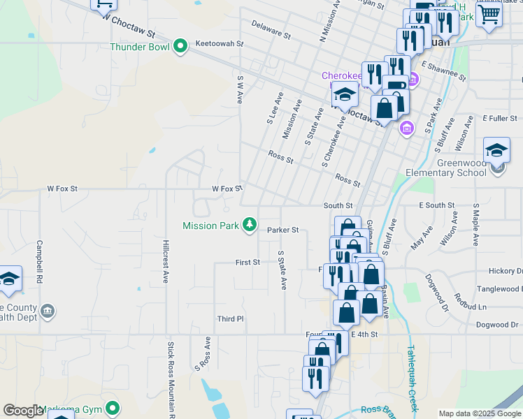 map of restaurants, bars, coffee shops, grocery stores, and more near 615 South Mission Avenue in Tahlequah